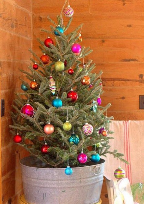 a galvanized bucket and bold ornaments