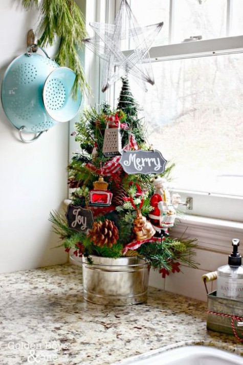 mini kitchen tree with ornaments and tiny kitchen items