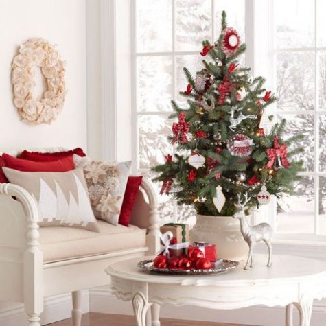 place your tiny tree in an urn, decorate it with traditional red and white ornaments