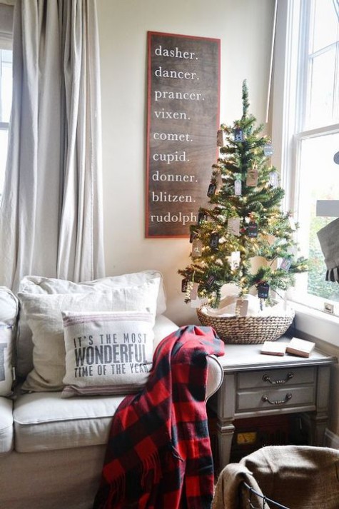 small tree in a basket, tage instead of ornaments