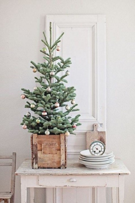 tiny tabletop tree in a crate, tiny ornaments