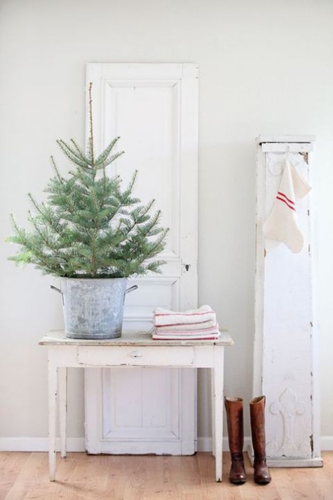 tiny tabletop tree in a galvanized bucket, no decor