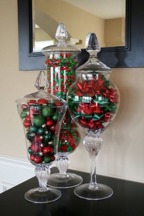 candies, ornaments and bows all done in green and red