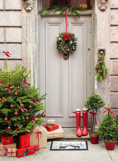 evergreens, red bows, ornaments and gifts