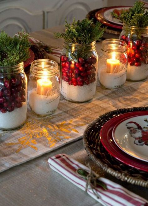 faux snow, cranberries, evergreens