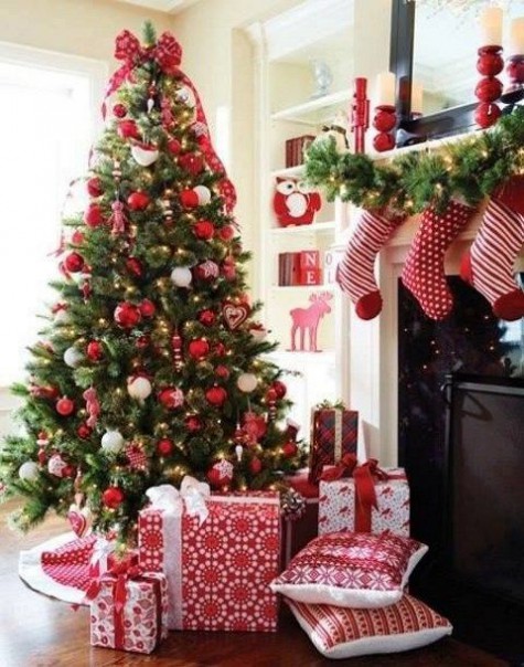 red and white ornaments, gift wrapping and stockings