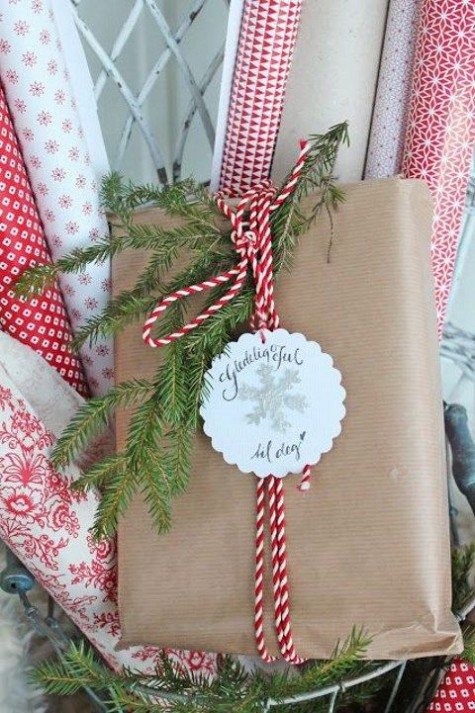 red and white yarn, evergreens for wrapping gifts