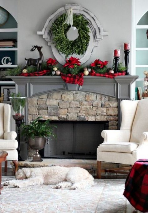 red plaid scarf, evergreens and red flowers