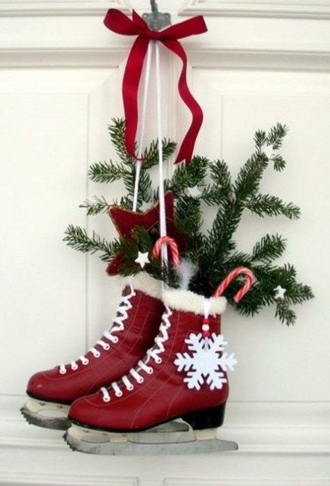 red skates filled with evergreens