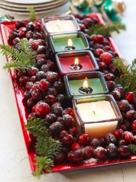 sugared ranberries with red, green and viory candles