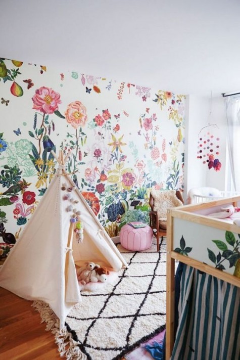 a statement colorful floral wallpaper for a girl\'s nursery