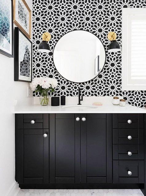 black and white floral print wallpaper for a monochrome space