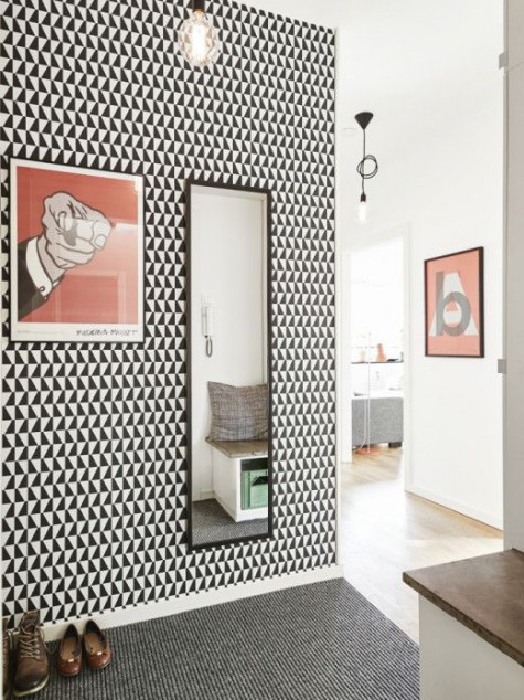 black and white geo print wallpaper for a stylish entryway