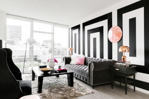 black and white large scale geo wallpaper for a modern glam room