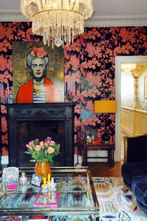 bold black and red flora and fauna print wallpaper for an artistic space