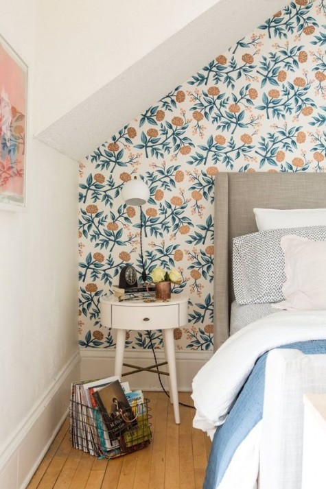 botanical print wallpaper for a cozy bedroom