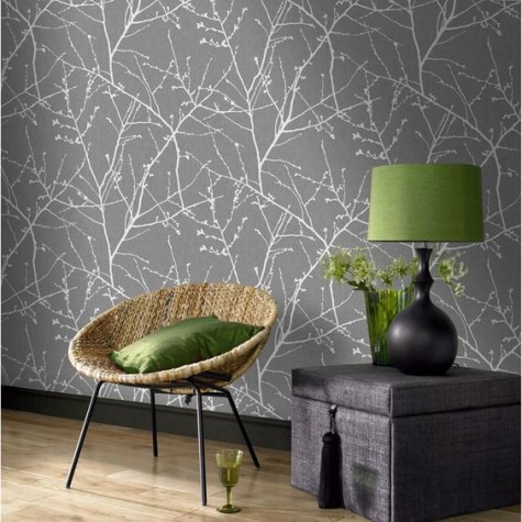 charcoal grey botanical print wallpaper for a peaceful space