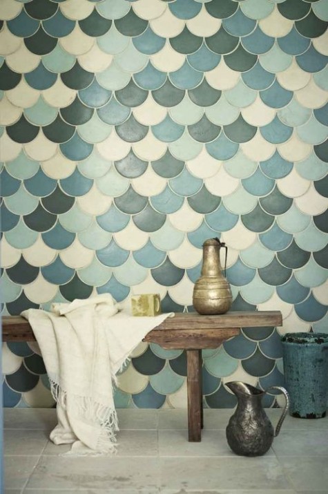 cream, blue, light blue and graphite grey fishscale tiles for a bathroom wall