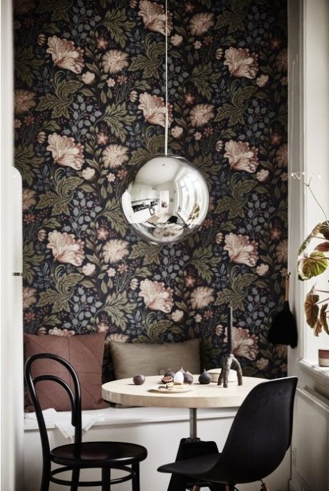 dark floral print wallpaper for highlighting a dining space