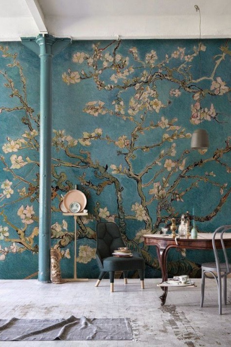 dark green wallpaper with a botanical print for a dining space