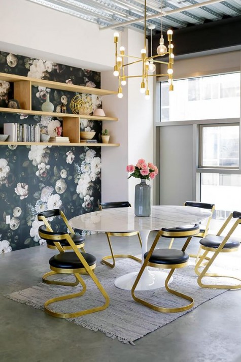 dark wallpaper with a realistic floral print for a glam dining room