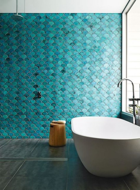 gorgeous turquoise fishscale tiles make a statement in the bathroom