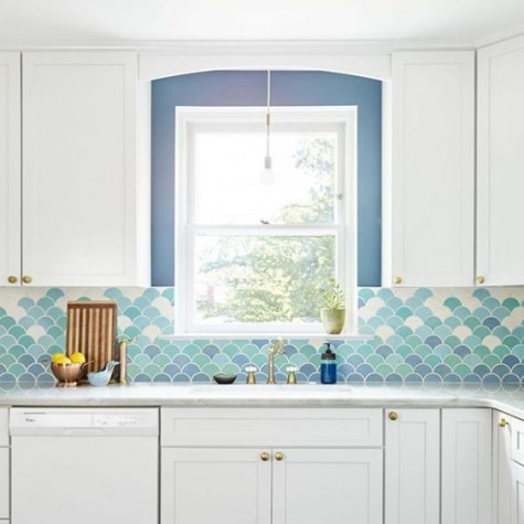 green, blue and cream fishscale tiles for a colorful kitchen backsplash