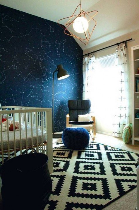 navy constellation wallpaper for a boy\'s nursery