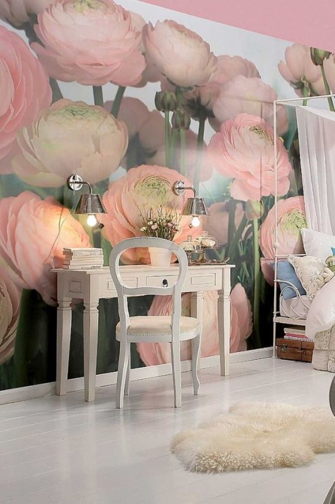 realistic pink bloom print wallpaper for a girlish bedroom