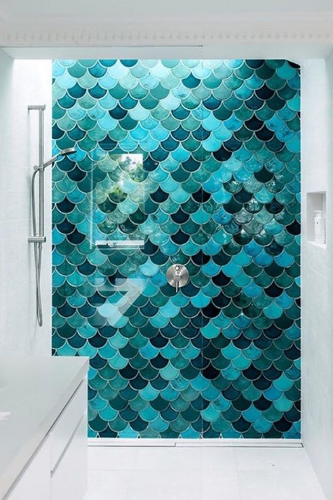 sea-inspired fishscale tiles accentuate the shower space
