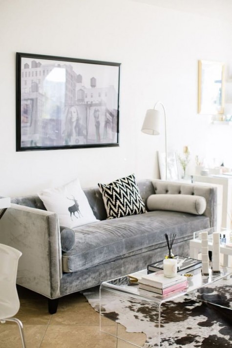 a modern grey velvet sofa looks chic and fresh
