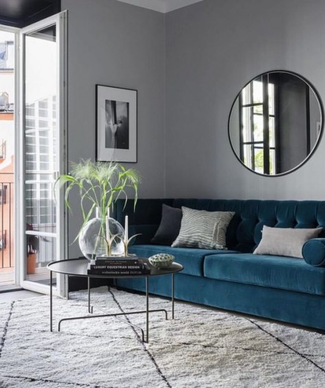 a navy diamond upholstery velvet sofa for a modern space