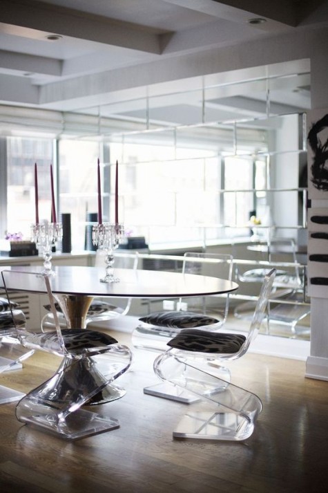 clear acrylic stools with an eye-catchy geo shape and upholstered seats