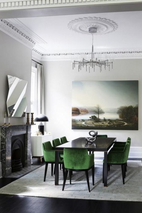 modern emerald velvet chairs for a chic dining space