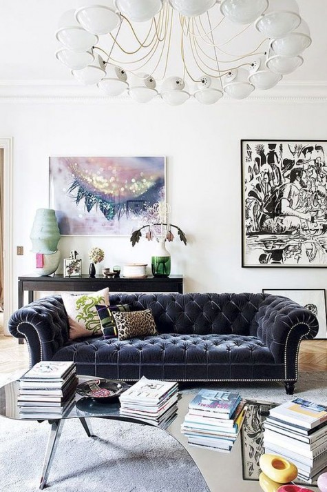 very dark blue velvet sofa with diamond upholstery