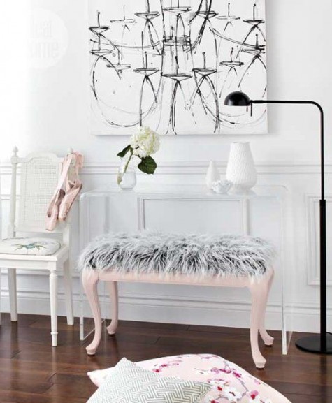 a pink bench with grey faux fur for a glam interior