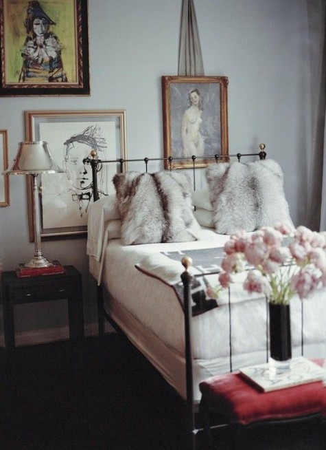 faux fur pillows add a luxurious touch to this space