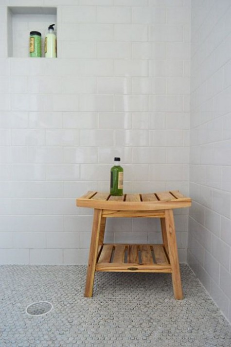 marble penny tiles on the shower floor to add interest