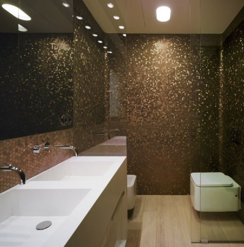 sparkling copper penny tiles look glam and chic