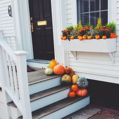 fall pupmins on the stairs and a fall window display with greenery_ pumpkins and fall blooms