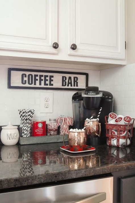 a cozy coffee bar_ copper mugs and candy canes