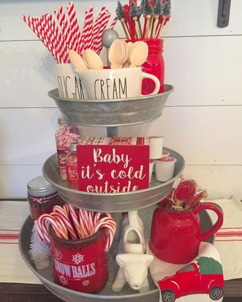 a rustic hot chocolate bar with red details for a cool winter touch