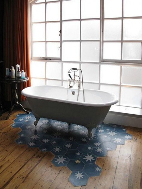 blue star print hex tiles only for the bathtub space