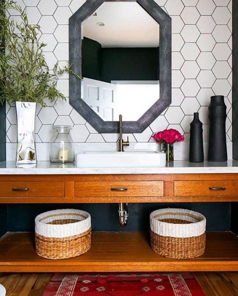 white hex tiles with black grout for a cozy rustic space
