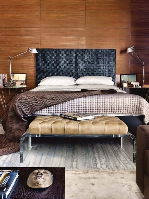 a black woven leather headboard makes a statement