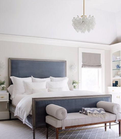 a vintage inspired bed in navy with a large upholstered headboard