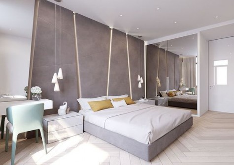 grey upholstered headboard with angular leather panels