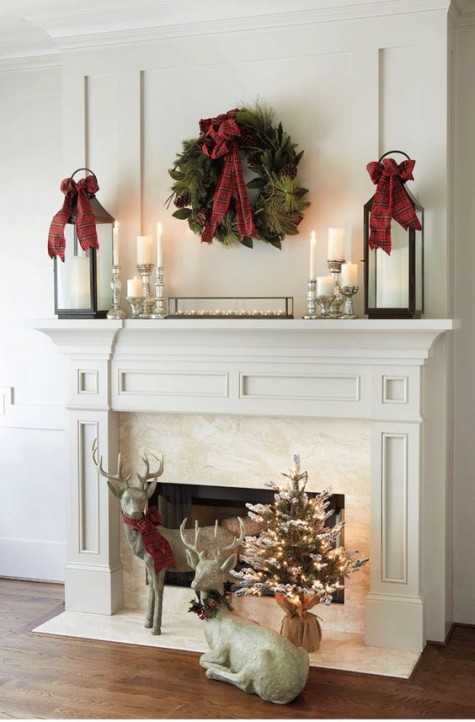 lanterns, an evergreen wreath, candles and touches of plaid