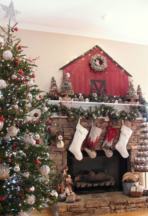 pinecones wreaths and trees, a garland with pinecones and lights and stockings
