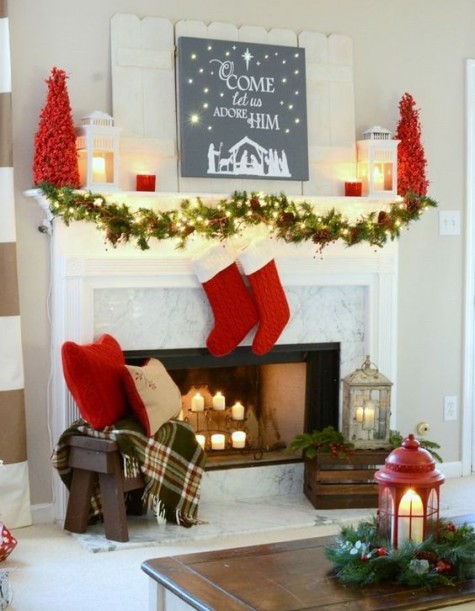 red trees and stockings, lanterns and a lit up garland